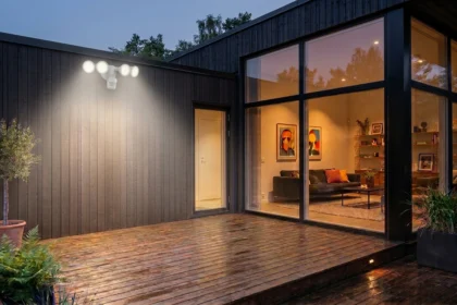 Outdoor motion sensor light installed above a modern home's driveway