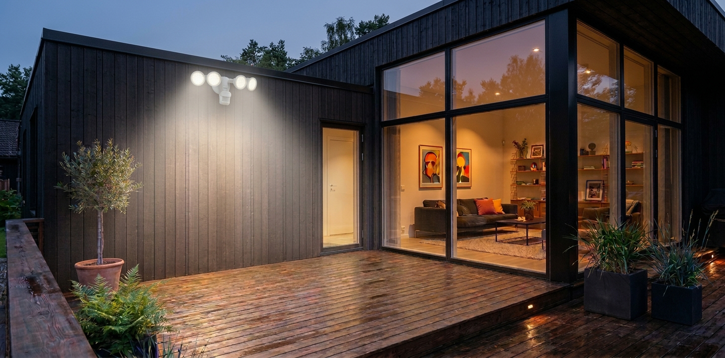 Outdoor motion sensor light installed above a modern home's driveway