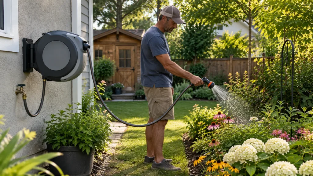 Man watering colorful garden flowers using a wall-mounted retractable garden hose reel in a sunny backyard.