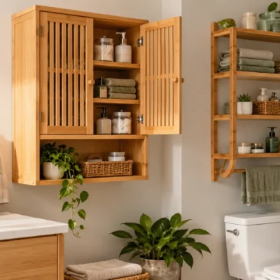 Modern bathroom with wall-mounted bamboo storage cabinets holding towels, toiletries, and skincare products above the vanity and toilet.