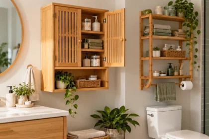 Modern bathroom with wall-mounted bamboo storage cabinets holding towels, toiletries, and skincare products above the vanity and toilet.