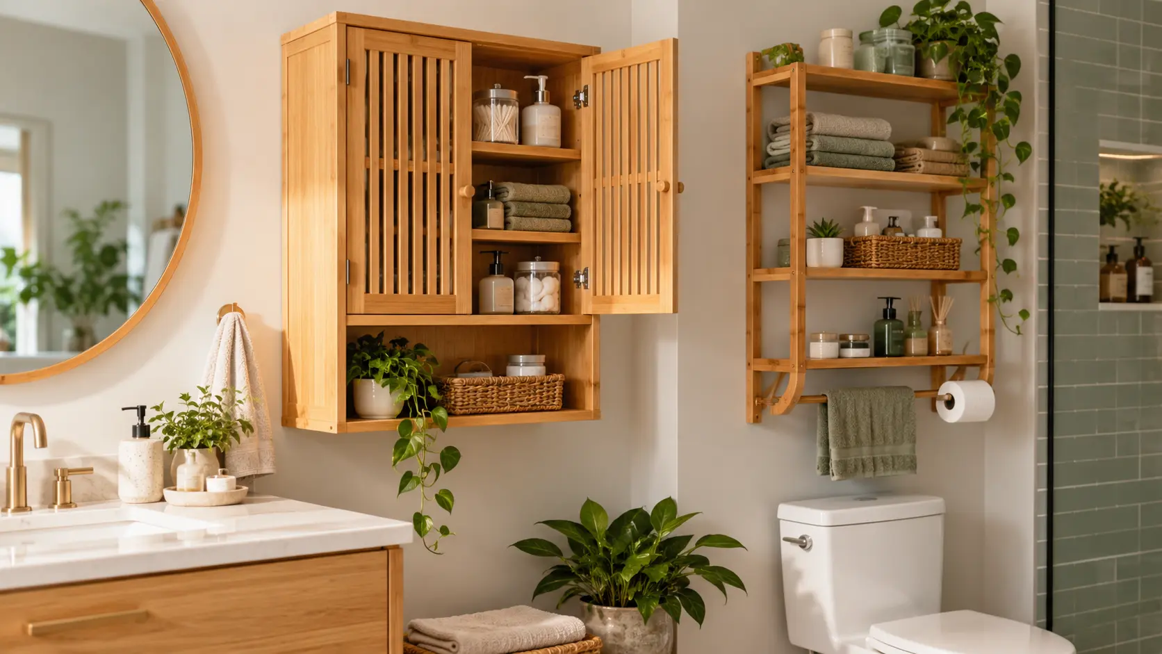 Modern bathroom with wall-mounted bamboo storage cabinets holding towels, toiletries, and skincare products above the vanity and toilet.