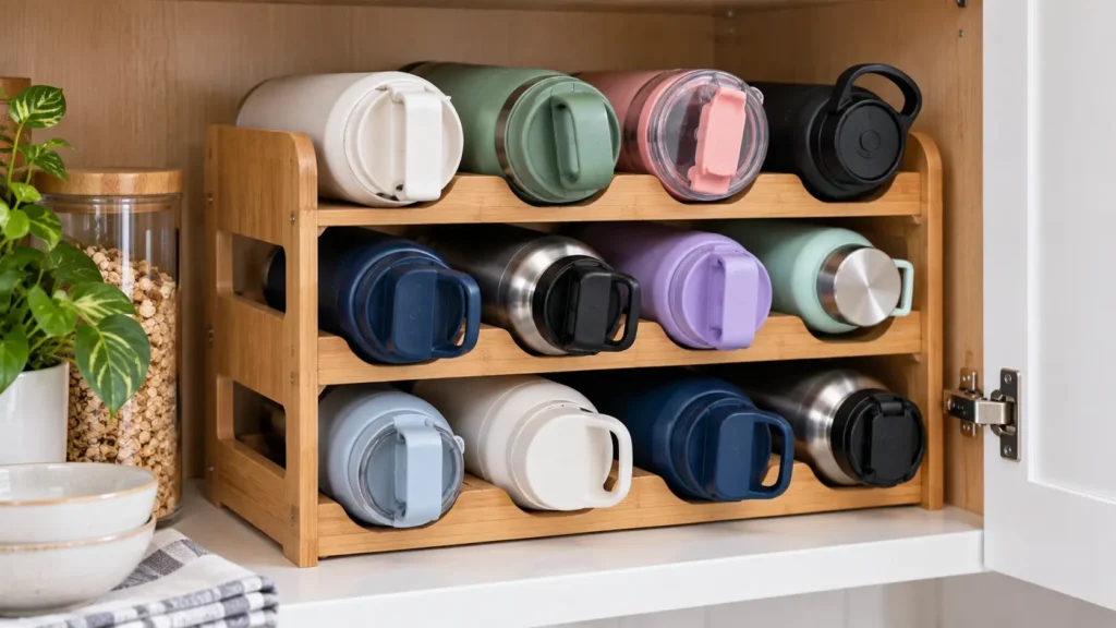 Bamboo water bottle organizer neatly storing reusable bottles and tumblers horizontally inside a kitchen cabinet.