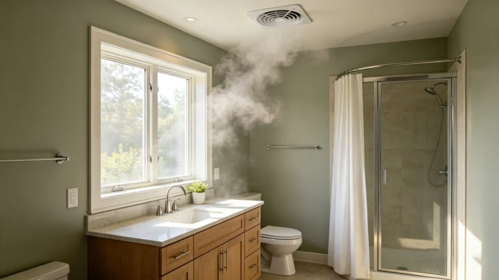 Best bathroom exhaust fan removing steam and moisture from a bright modern bathroom