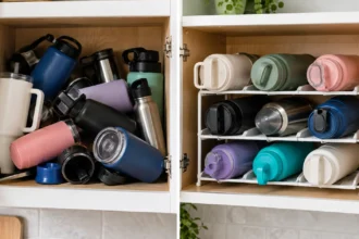 Before-and-after kitchen cabinet showing cluttered water bottles beside neatly arranged bottles in a tiered water bottle organizer.