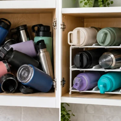 Before-and-after kitchen cabinet showing cluttered water bottles beside neatly arranged bottles in a tiered water bottle organizer.
