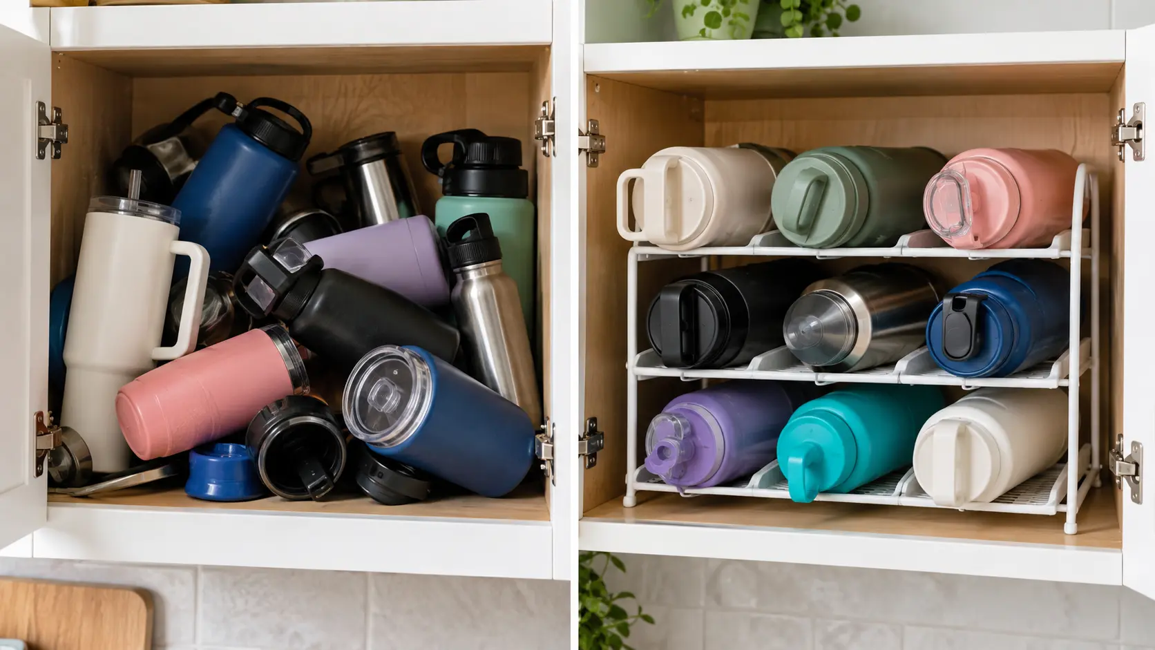 Before-and-after kitchen cabinet showing cluttered water bottles beside neatly arranged bottles in a tiered water bottle organizer.