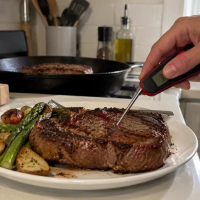 Best meat thermometer checking the temperature of a cooked steak in a kitchen