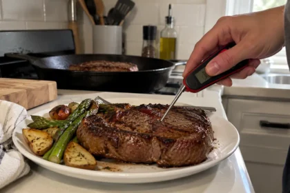 Best meat thermometer checking the temperature of a cooked steak in a kitchen
