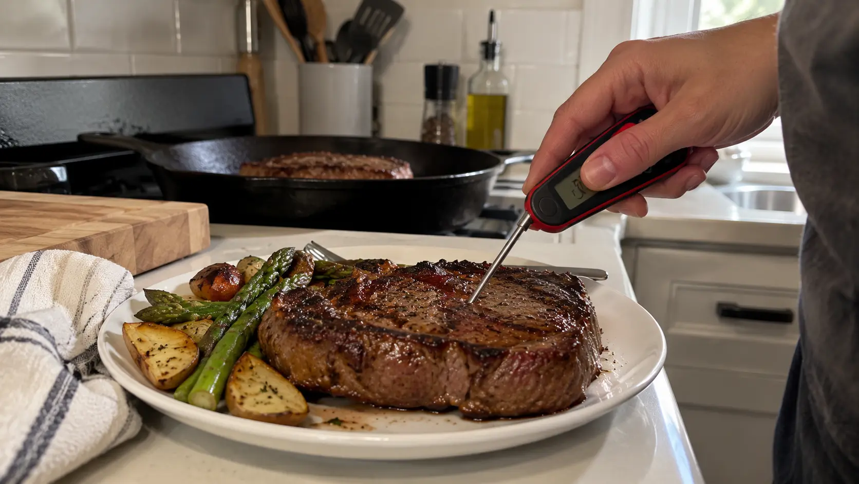 Best meat thermometer checking the temperature of a cooked steak in a kitchen