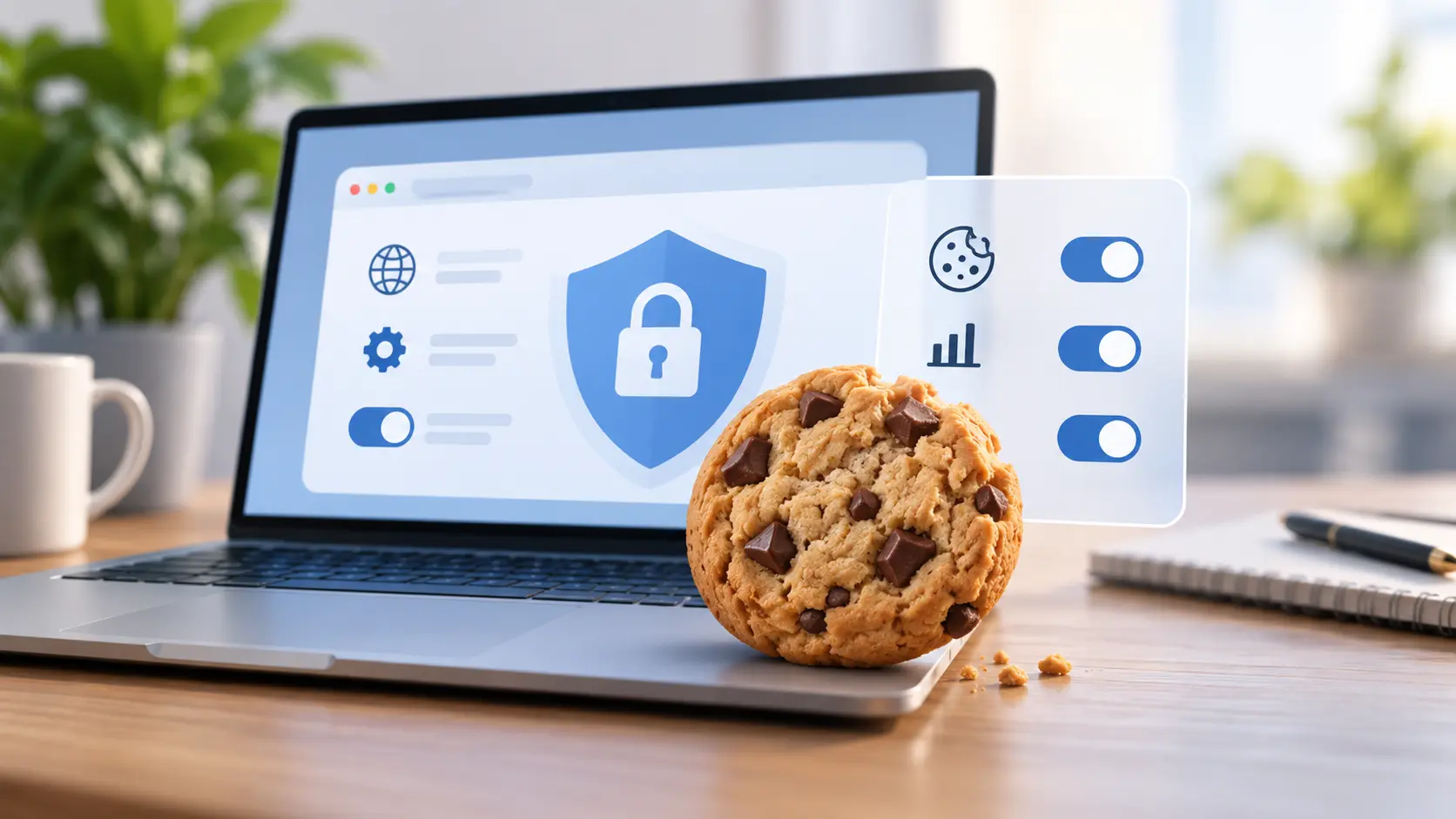 Laptop displaying privacy and cookie settings with a chocolate chip cookie, representing website cookie policy and online data privacy.