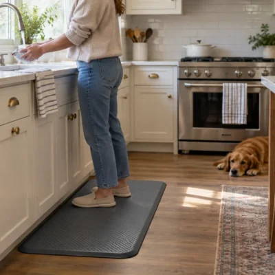 Woman standing on a cushioned anti-fatigue kitchen mat by the sink in a bright modern kitchen with a dog resting nearby.