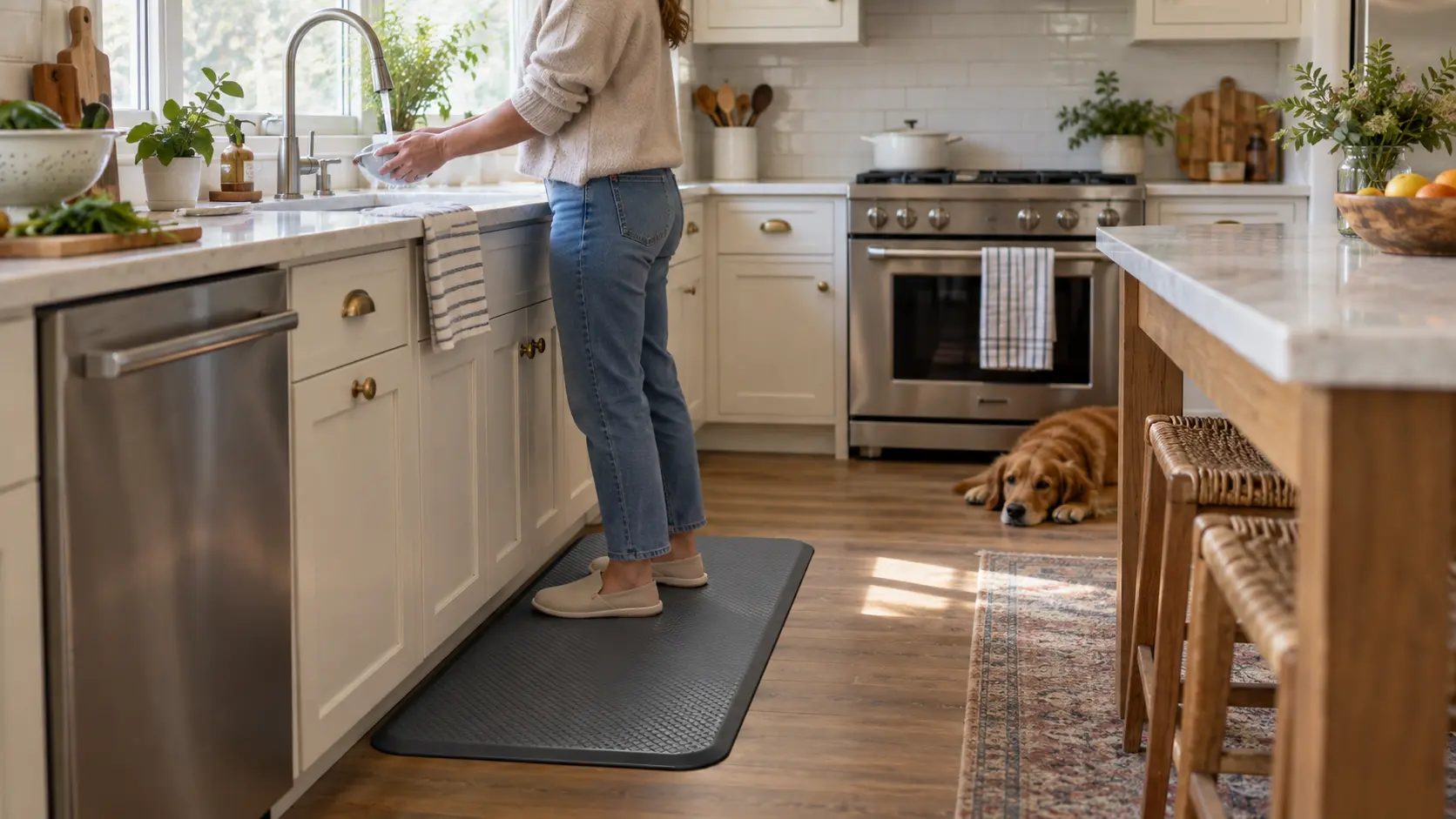 Woman standing on a cushioned anti-fatigue kitchen mat by the sink in a bright modern kitchen with a dog resting nearby.