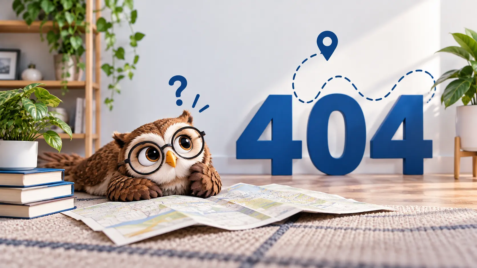 Pickwise Daily owl mascot looking puzzled over a map beside a large blue 404 error sign.