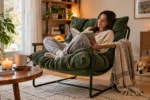 Woman relaxing in a plush green lounge chair while reading a book with a coffee mug in a cozy living room.