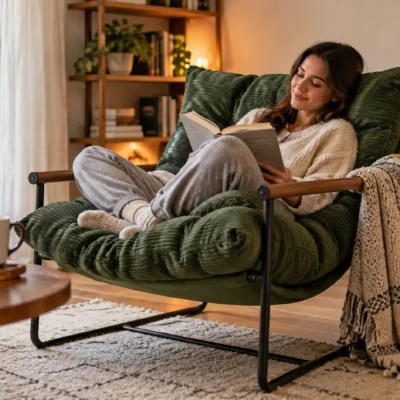 Woman relaxing in a plush green lounge chair while reading a book with a coffee mug in a cozy living room.
