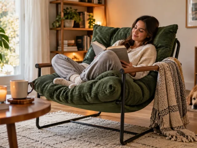 Woman relaxing in a plush green lounge chair while reading a book with a coffee mug in a cozy living room.