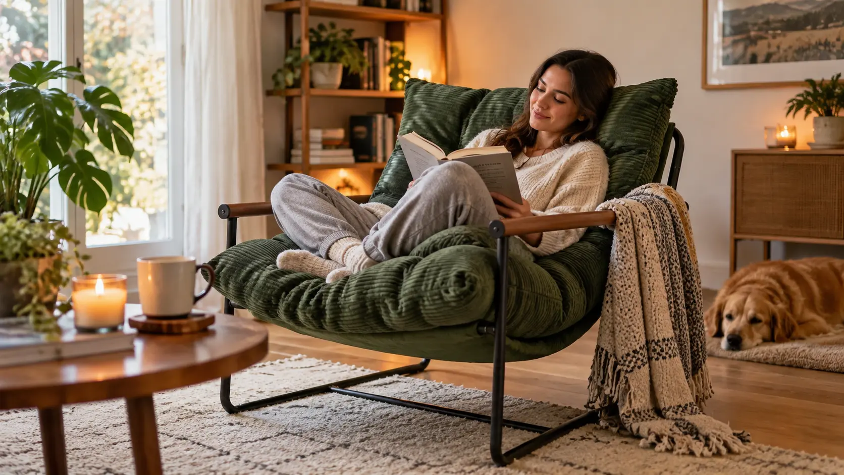 Woman relaxing in a plush green lounge chair while reading a book with a coffee mug in a cozy living room.