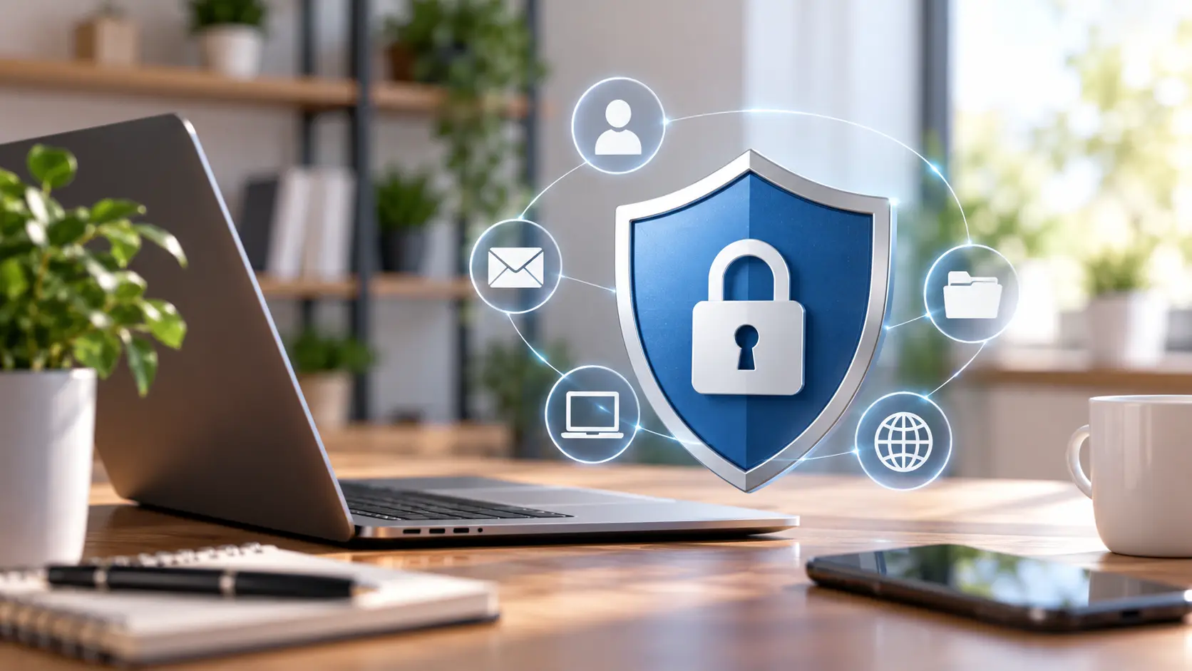 Privacy policy concept featuring a secure padlock shield, laptop, and connected digital icons representing online privacy and data protection.