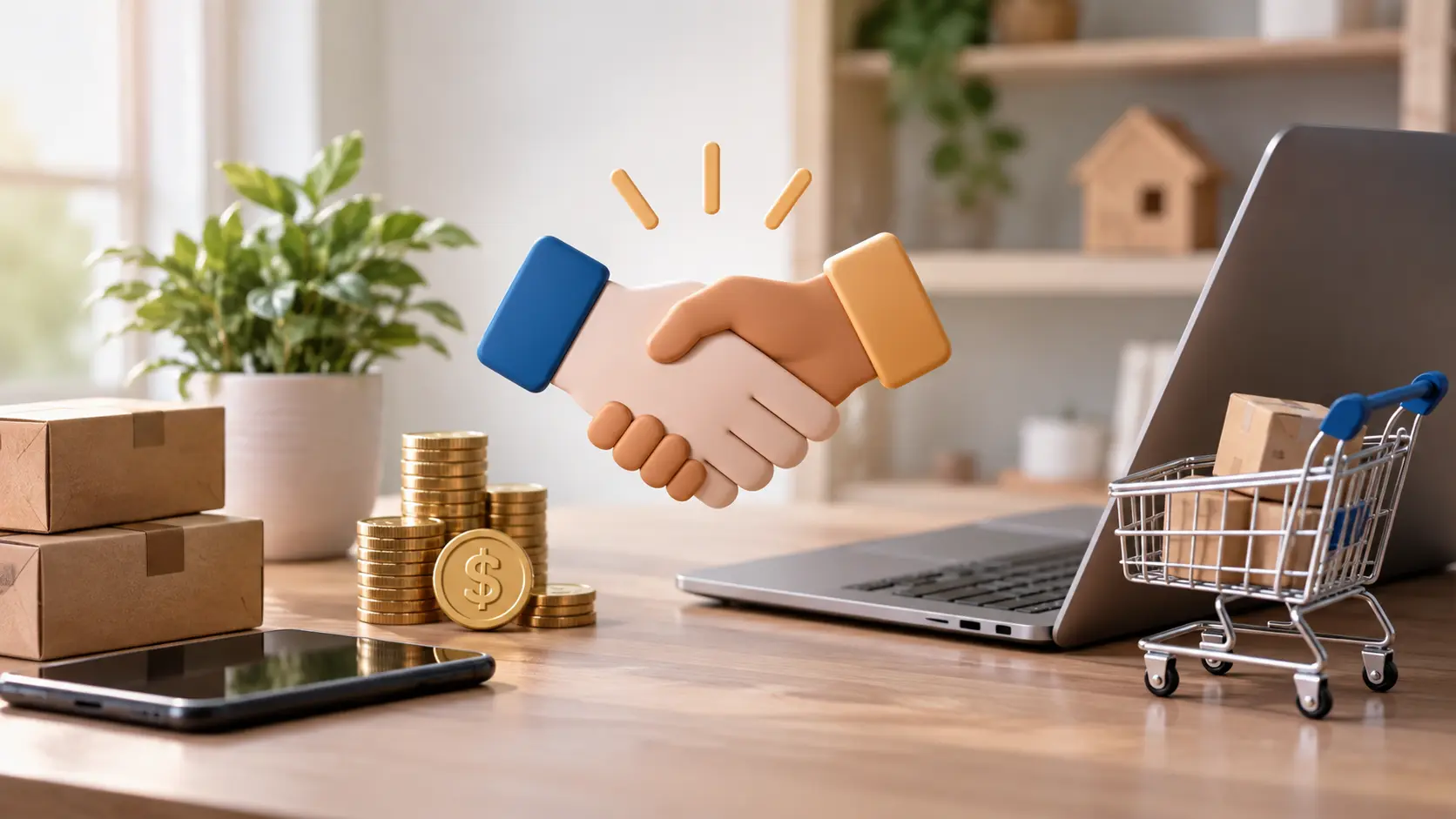 Affiliate disclosure concept featuring a handshake, laptop, shopping cart, packages, smartphone, and coins representing affiliate partnerships and online purchases.