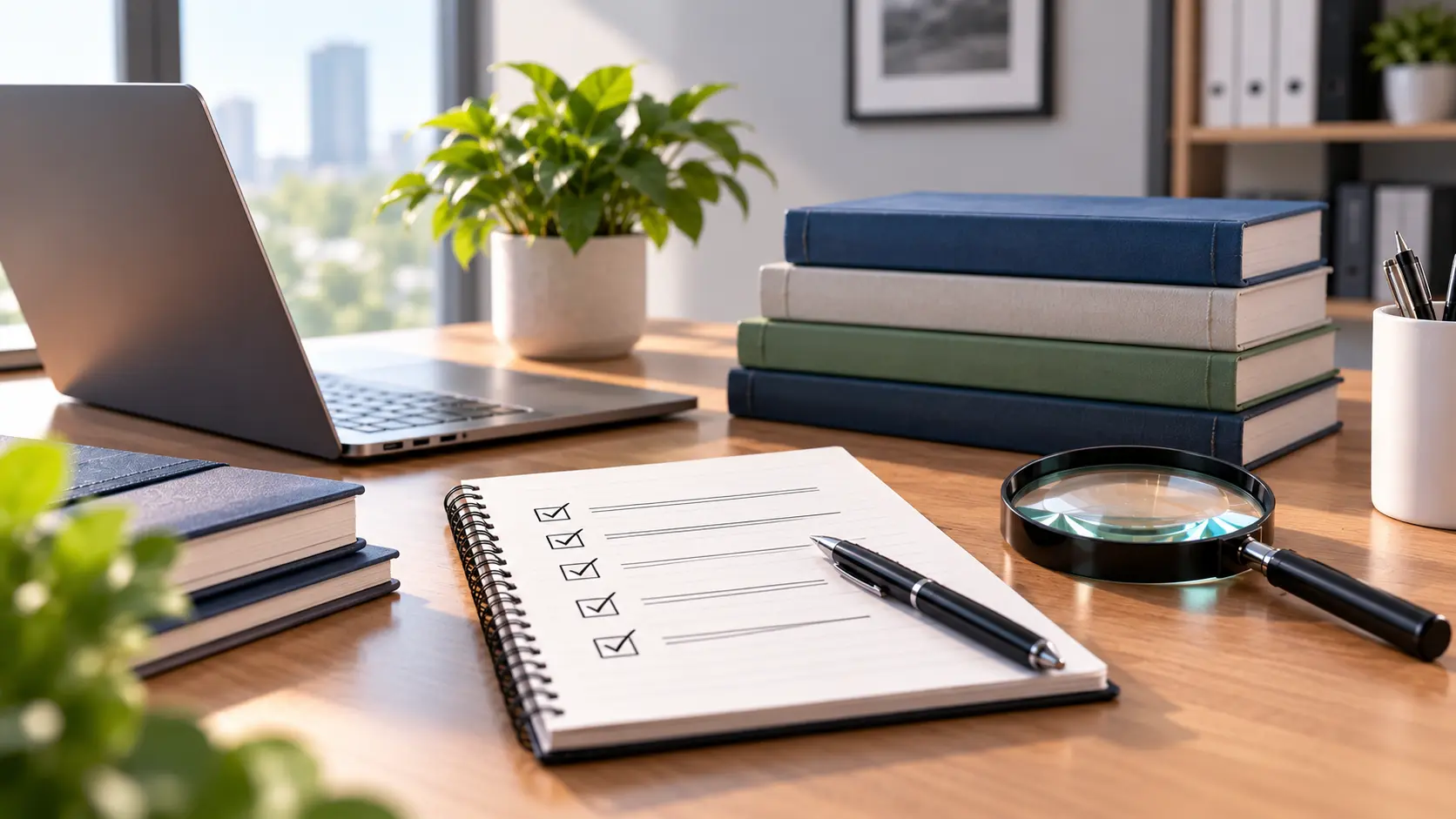Editorial research workspace with a laptop, checklist, magnifying glass, books, and office plants on a wooden desk.