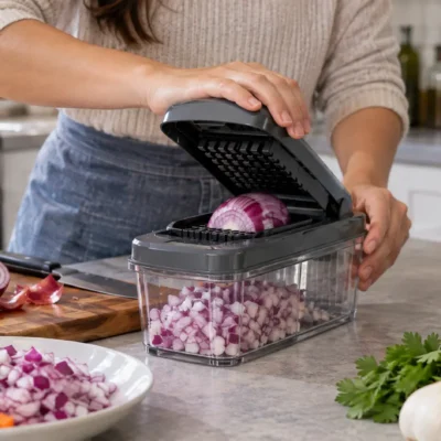 Best vegetable chopper in 2026 being used to quickly dice onions and prepare fresh vegetables in a modern kitchen.