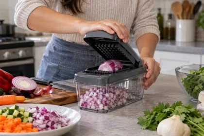 Best vegetable chopper in 2026 being used to quickly dice onions and prepare fresh vegetables in a modern kitchen.