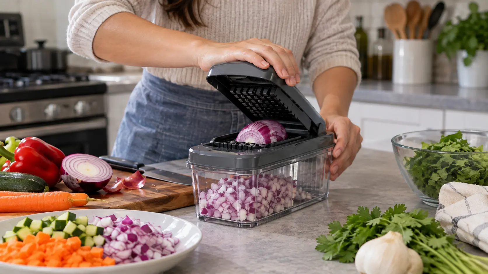 Best vegetable chopper in 2026 being used to quickly dice onions and prepare fresh vegetables in a modern kitchen.