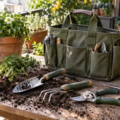 Heavy duty garden tool set with canvas carry bag, stainless steel hand tools, pruning shears, gloves, and trowels in a sunny backyard garden.