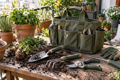 Heavy duty garden tool set with canvas carry bag, stainless steel hand tools, pruning shears, gloves, and trowels in a sunny backyard garden.