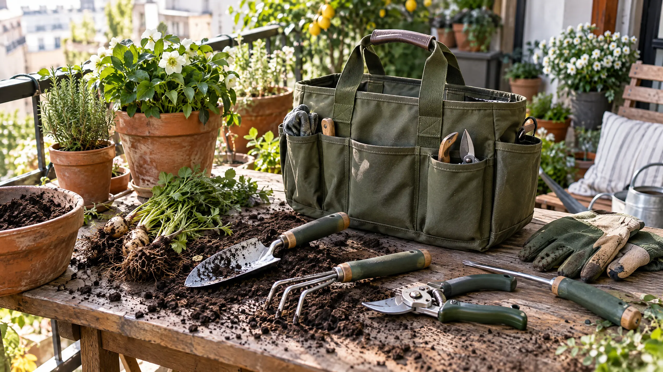 Heavy duty garden tool set with canvas carry bag, stainless steel hand tools, pruning shears, gloves, and trowels in a sunny backyard garden.