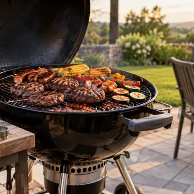 Charcoal grill cooking burgers, sausages, corn, and vegetables on a sunny backyard patio.