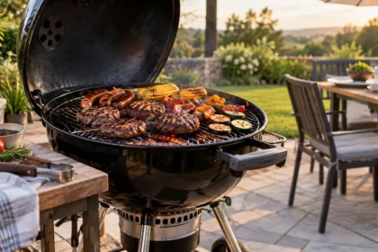 Charcoal grill cooking burgers, sausages, corn, and vegetables on a sunny backyard patio.