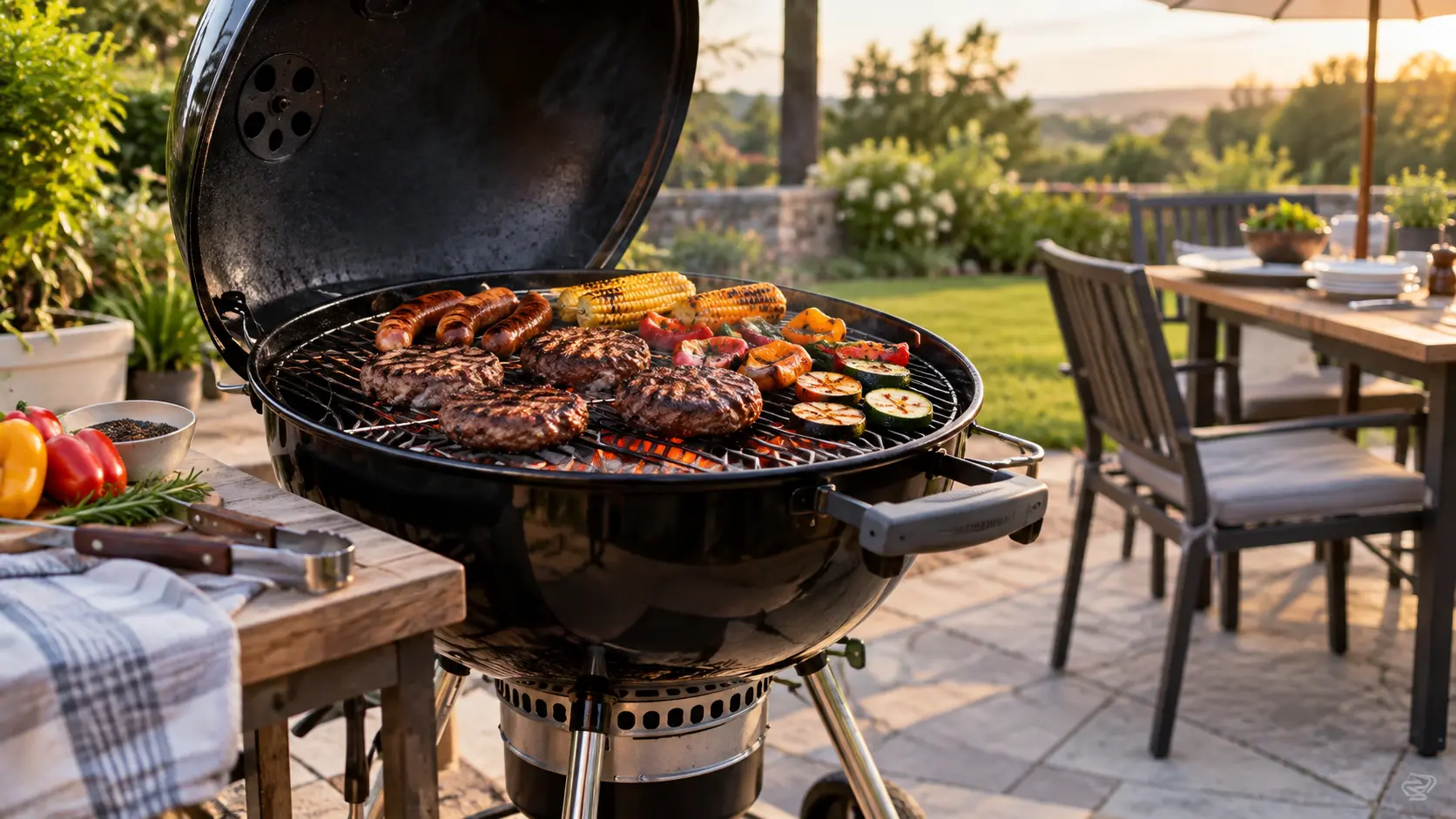 Charcoal grill cooking burgers, sausages, corn, and vegetables on a sunny backyard patio.