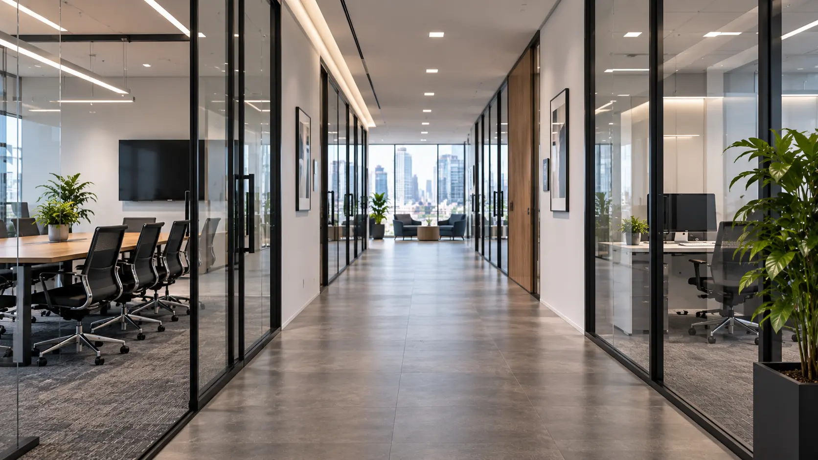 Modern corporate office hallway with glass-walled meeting rooms and workspaces on both sides.