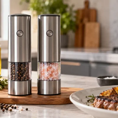Best electric salt and pepper grinders in a modern kitchen with fresh herbs and a prepared meal