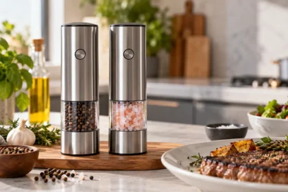 Best electric salt and pepper grinders in a modern kitchen with fresh herbs and a prepared meal