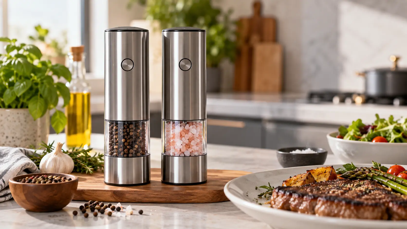 Best electric salt and pepper grinders in a modern kitchen with fresh herbs and a prepared meal