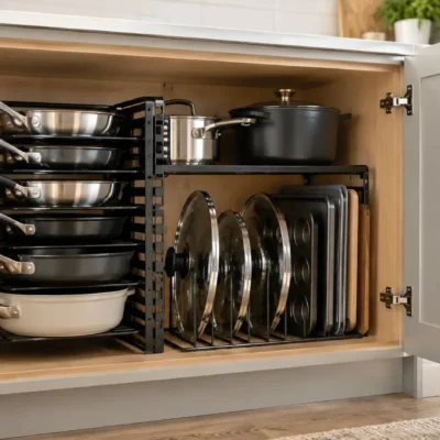 Best pot and pan organizer for kitchen cabinets with neatly stored cookware, lids, pans, and baking sheets