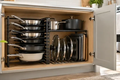 Best pot and pan organizer for kitchen cabinets with neatly stored cookware, lids, pans, and baking sheets