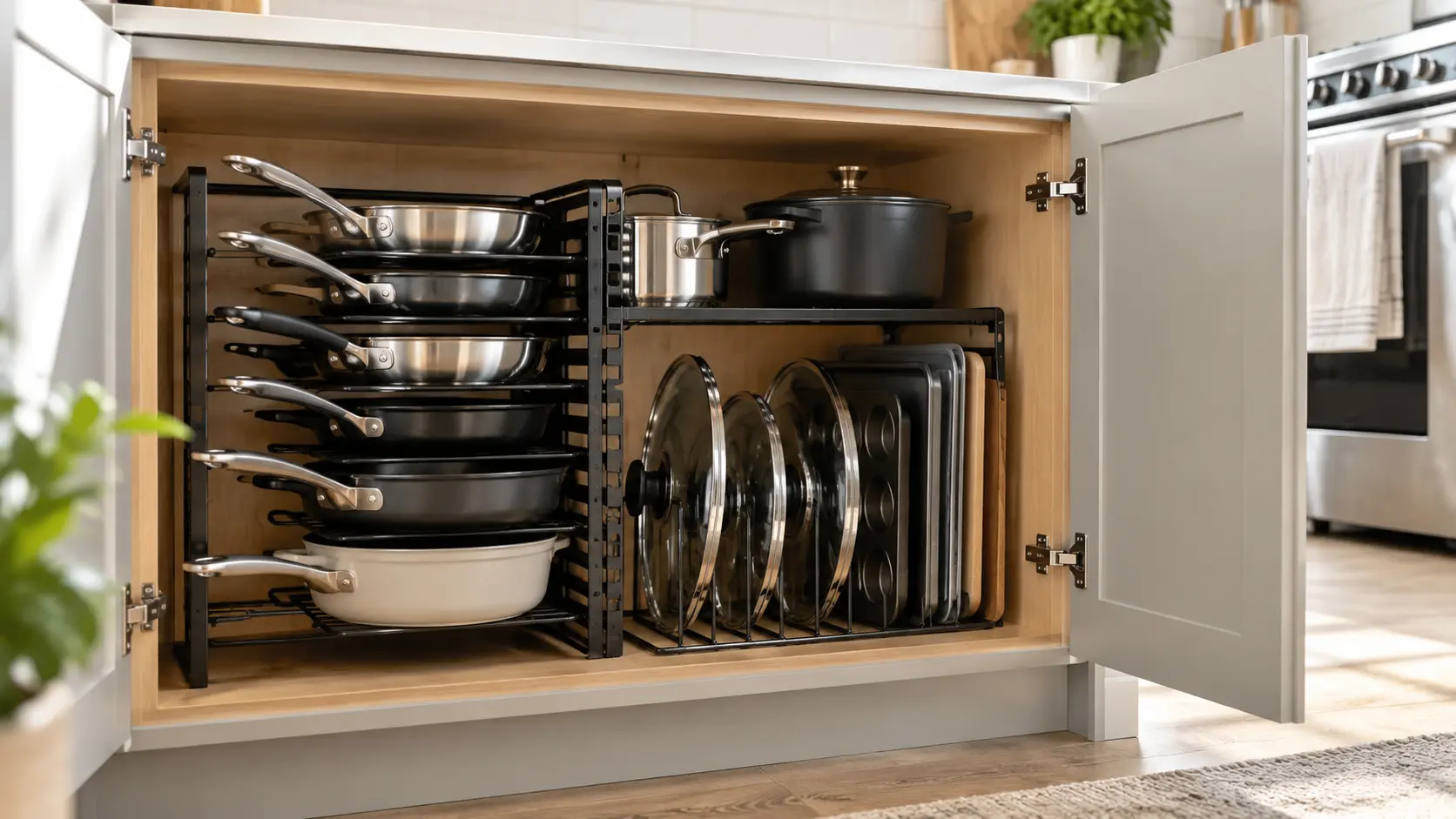Best pot and pan organizer for kitchen cabinets with neatly stored cookware, lids, pans, and baking sheets