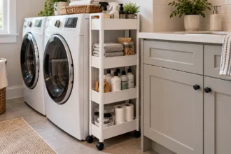 Slim rolling storage cart between a washing machine and cabinet, holding laundry supplies and household essentials in a modern laundry room.