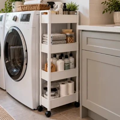 Slim rolling storage cart between a washing machine and cabinet, holding laundry supplies and household essentials in a modern laundry room.