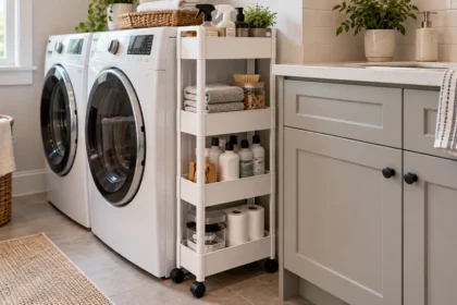 Slim rolling storage cart between a washing machine and cabinet, holding laundry supplies and household essentials in a modern laundry room.