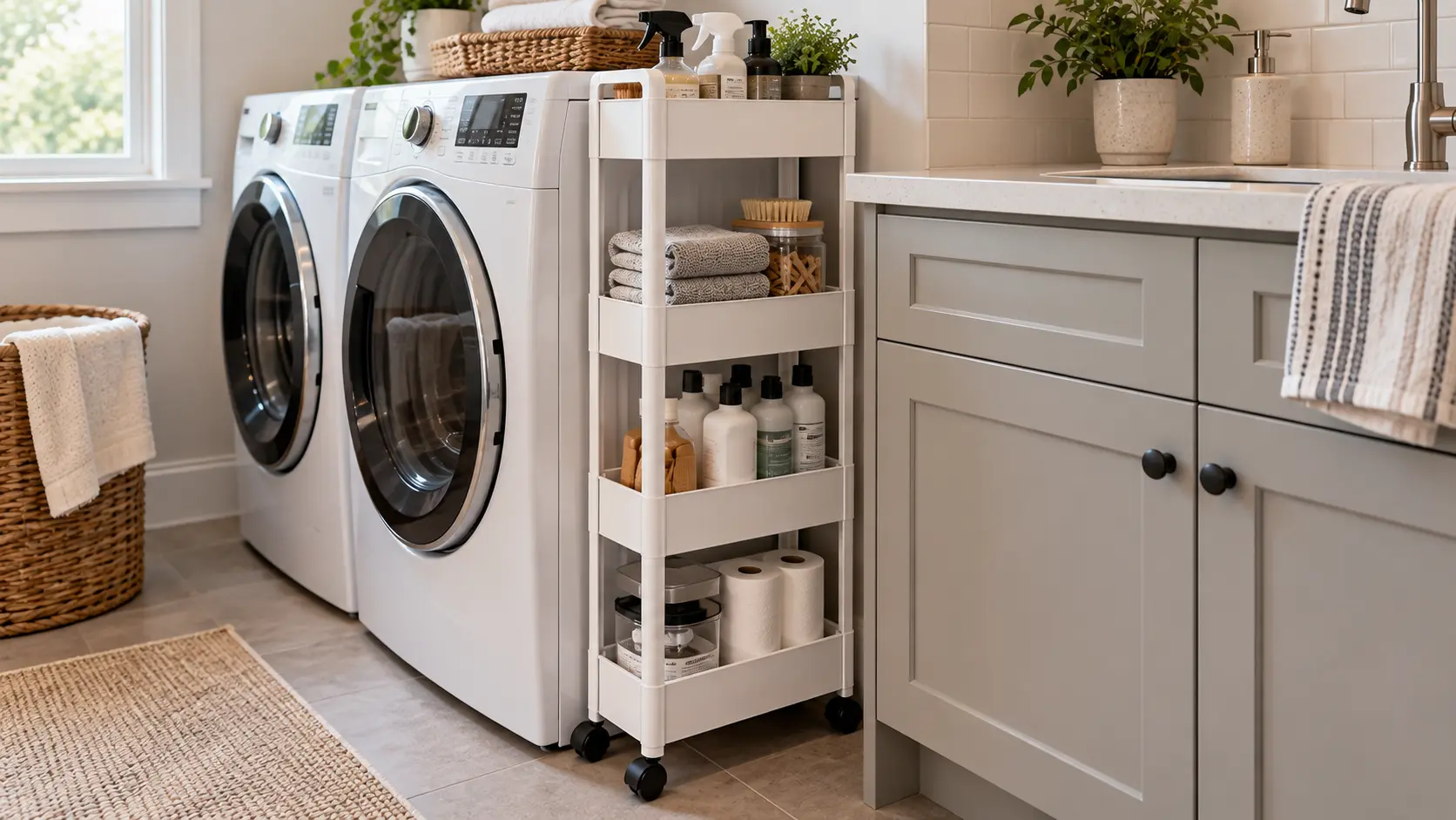 Slim rolling storage cart between a washing machine and cabinet, holding laundry supplies and household essentials in a modern laundry room.