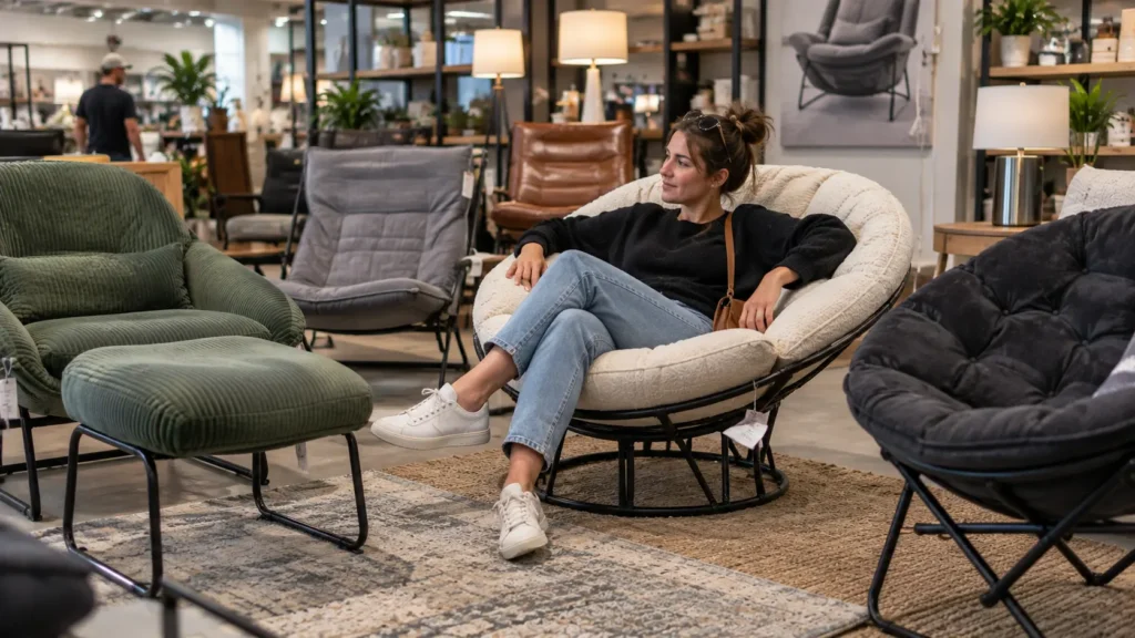 Woman testing a cushioned lounge chair among different chair styles in a furniture showroom.
