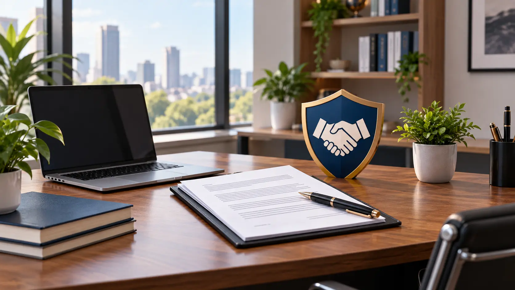 Terms and conditions document with a pen and handshake shield on a professional office desk.