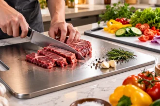Home cook slicing steak on a titanium cutting board with fresh vegetables, garlic, and herbs in a modern kitchen.