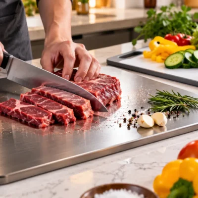 Home cook slicing steak on a titanium cutting board with fresh vegetables, garlic, and herbs in a modern kitchen.