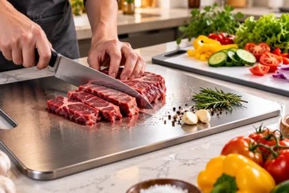 Home cook slicing steak on a titanium cutting board with fresh vegetables, garlic, and herbs in a modern kitchen.